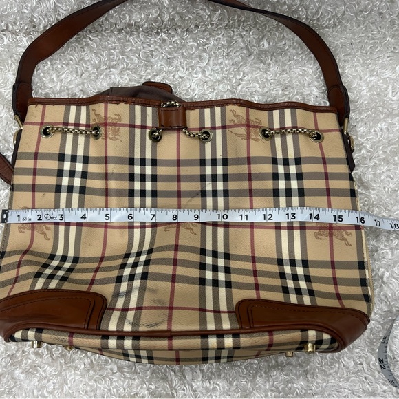 Burberry Beige/Brown Haymarket Check Canvas and Leather Drawstring Bucket Bag - Picture 12 of 16